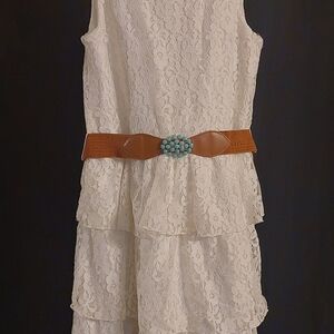 Amy's Closet White Lace Dress with Brown Belt